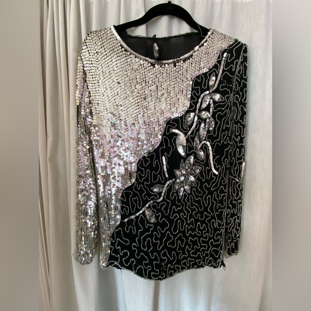 Jean For Joseph Le Bon 100% Silk Sequined Silver & Black Long Sleeve Top Medium